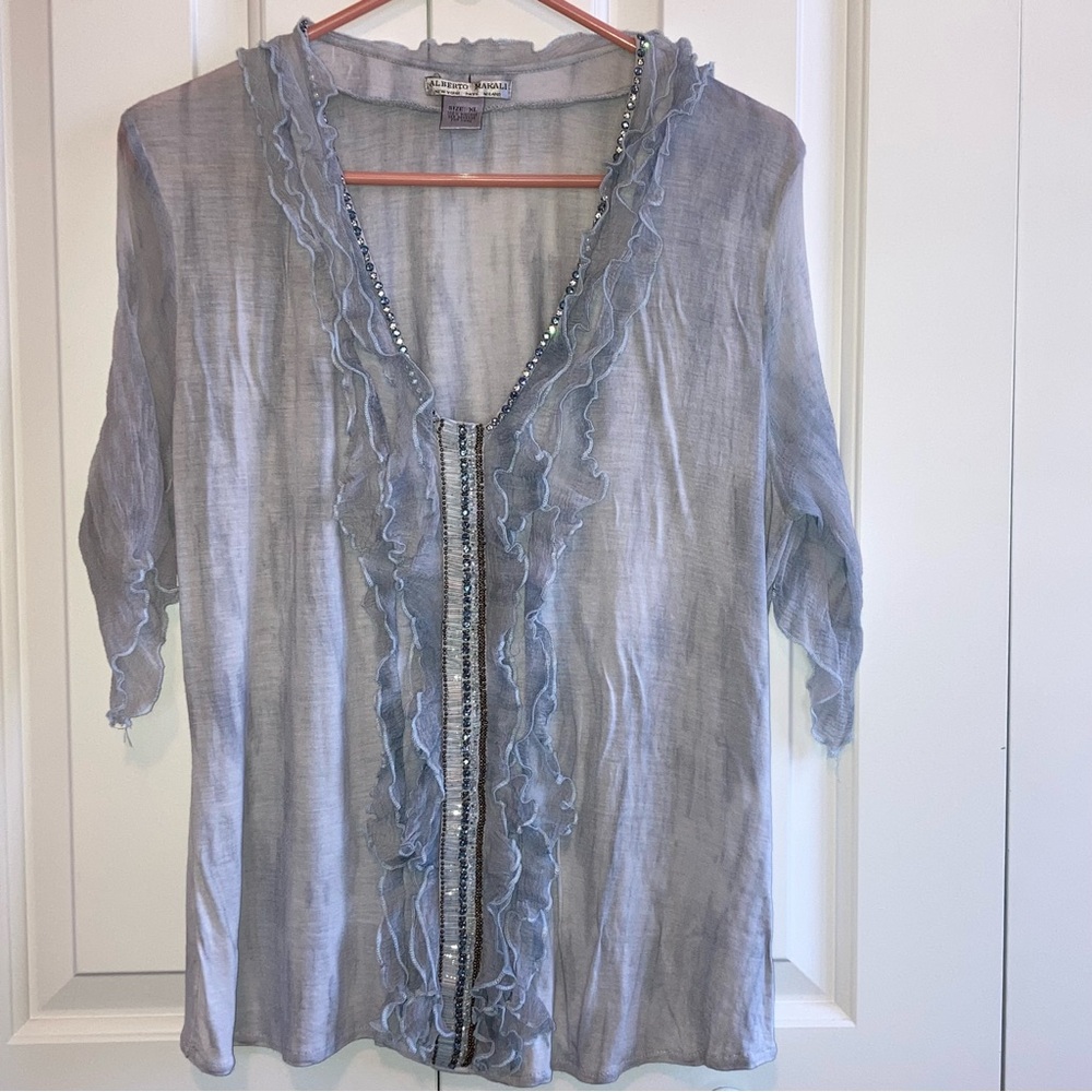 Alberto Makali Light Blue Beaded Tie-Dyed Top With Ruffles XL